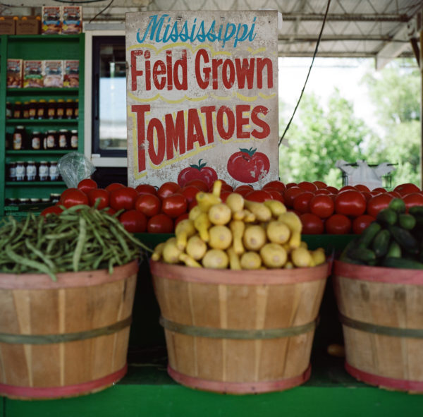 stacked vegetables at Mississippi farmer's market