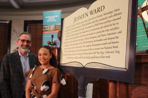 Malcolm White and writer Jesmyn Ward with Writers Trail marker mock-up