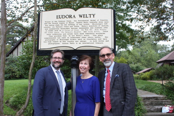 Jon Peede, Mary Alice White and Malcolm White in front of the Eudora Welty Writer's Trail marker, Jackson, Mississippi