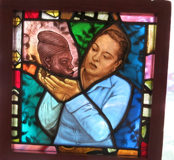 Stained glass image of singer Billie Holiday by Rob Cooper, Jackson, Mississippi