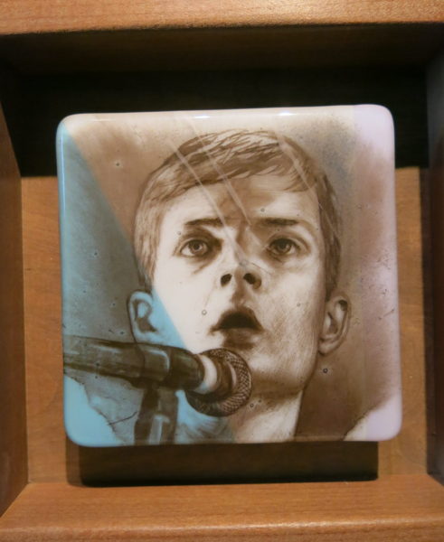 Stained glass image of the musician Ian Curtis by artist Rob Cooper of Jackson, Mississippi