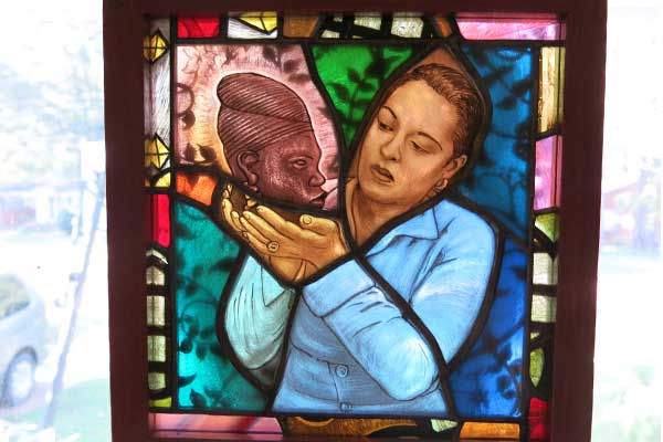 Stained glass image of Billie Holiday by artist Rob Cooper, Jackson, Mississippi