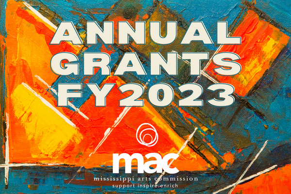 Blue, green, yellow and orange painted background with the words "Annual Grants FY2023" and MAC logo
