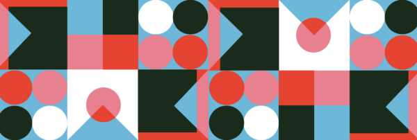 Red, pink, dark green, light blue and white triangles, squares, and circles forming abstract shapes