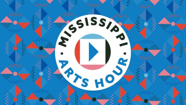 Mississippi Arts Hour Logo in front of the Mississippi Arts hour pattern.