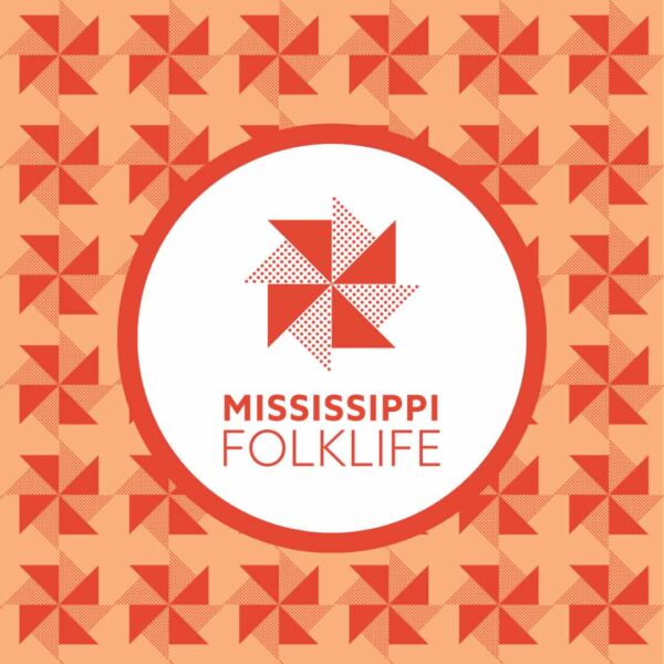 The Mississippi Folklife Directory pattern sits on an orange background with a pinwheel pattern in red. The logo sits inside of a white circle with a pinwheel that has alternating colors of red and a light orange. The light orange triangle is dotted. The words 'Mississippi Folklife' sits beneath the logo in red.