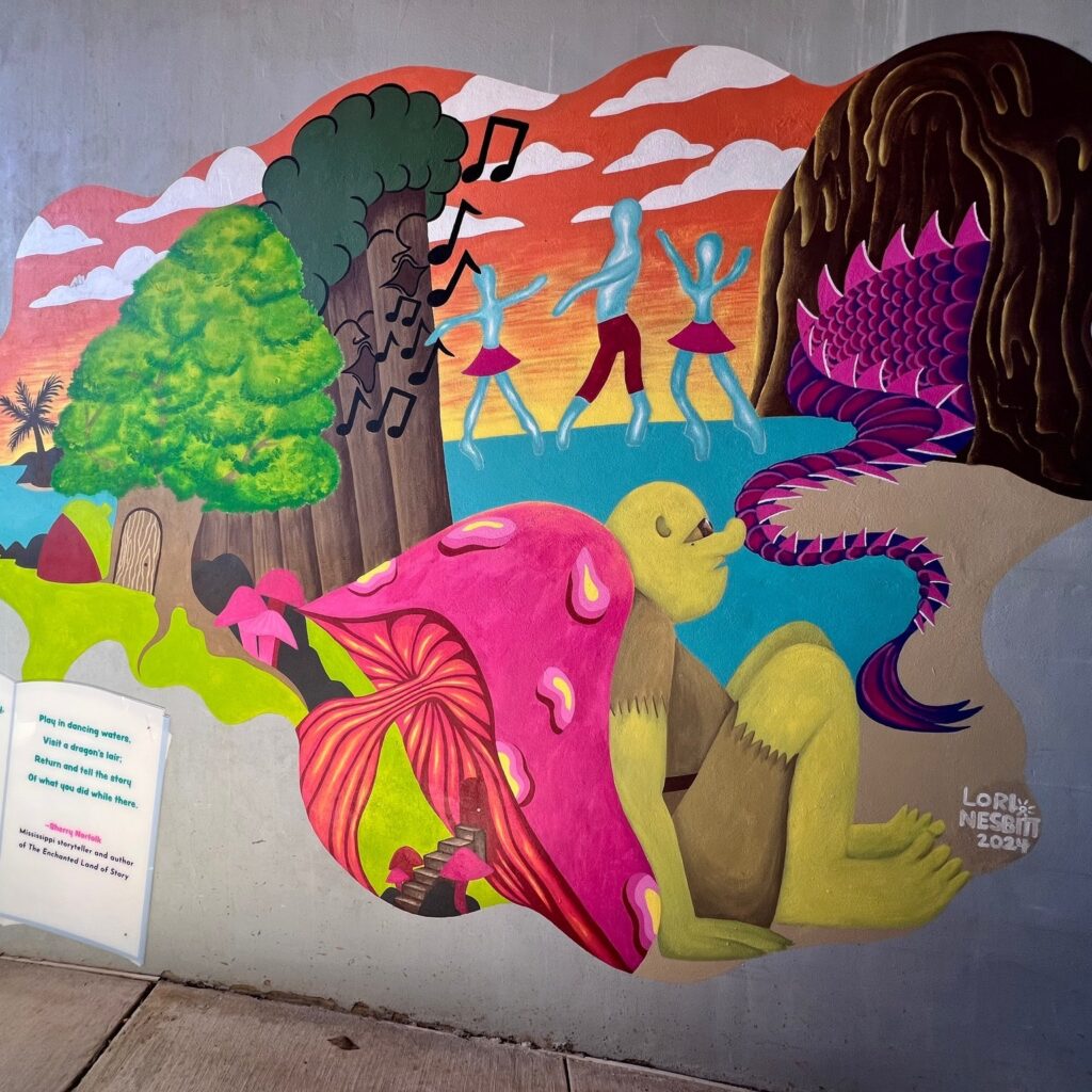 A mural depicting a poem at the MS Childrens Museum Literacy garden. it has bright colors and features a mushroom, trees, people, music.