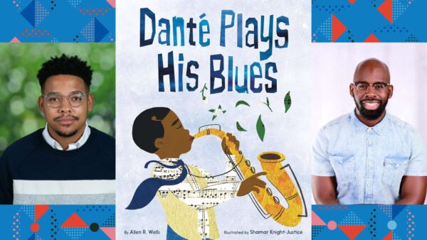 Headshots of Allen and Shamar and an image of the book cover Dante Plays His Blues